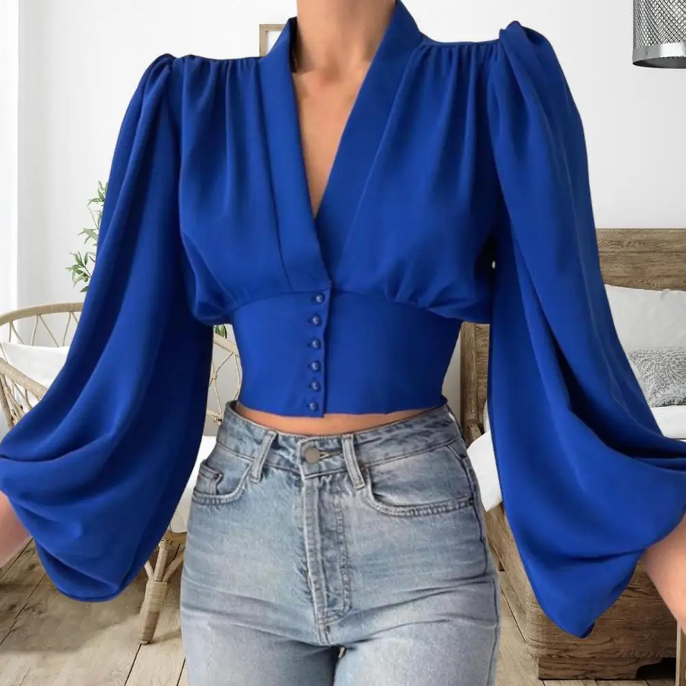 Fashion Women Shirt V-neck Slim Buttons Tight Shrinkable Cuffs Cropped Shirt Lantern Long Sleeve Flower Print Blouse 2022