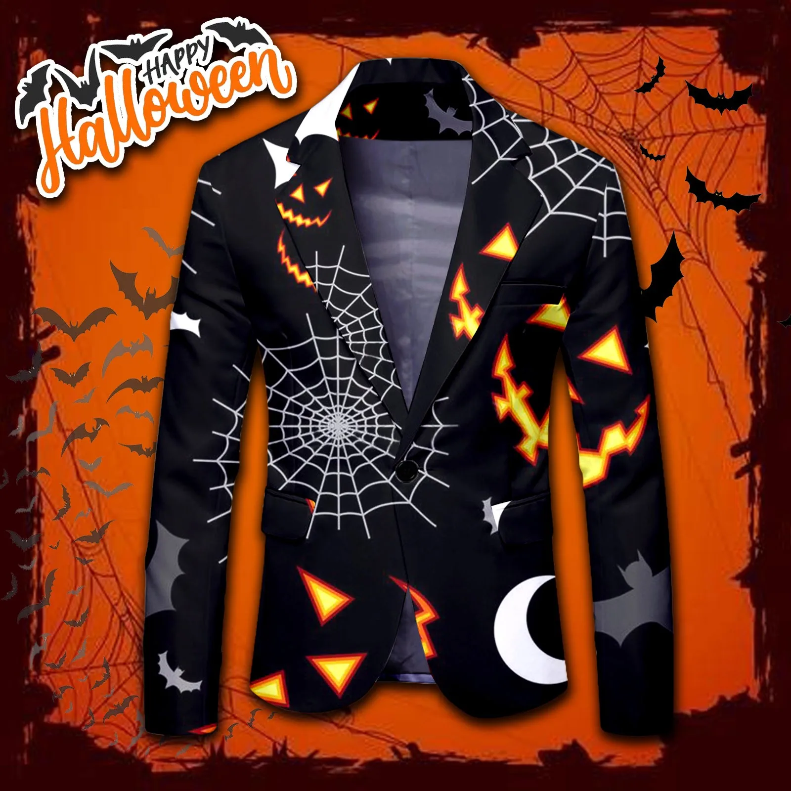 Fashion Halloween Pumpkin Print Suit Autumn Long Sleeve Cosplay Jacket Men Casaul Lapel Neck One Button Blazer with Pocket