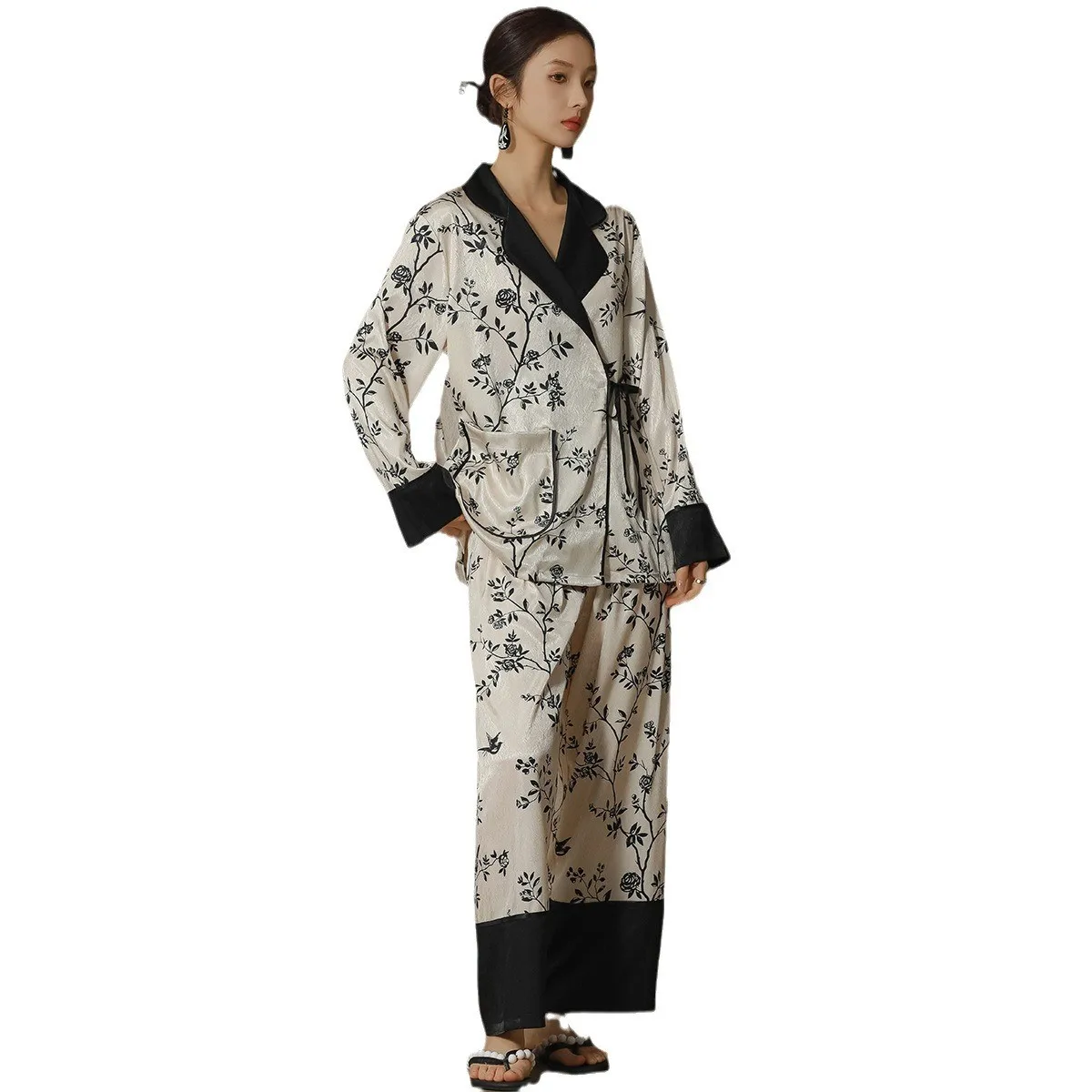 2024 Spring New Chinese Style Pajama Set Women Long Sleeved Jacquard Cardigan Satin Pyjamas Sleepwear Female Home Pijama Mujer