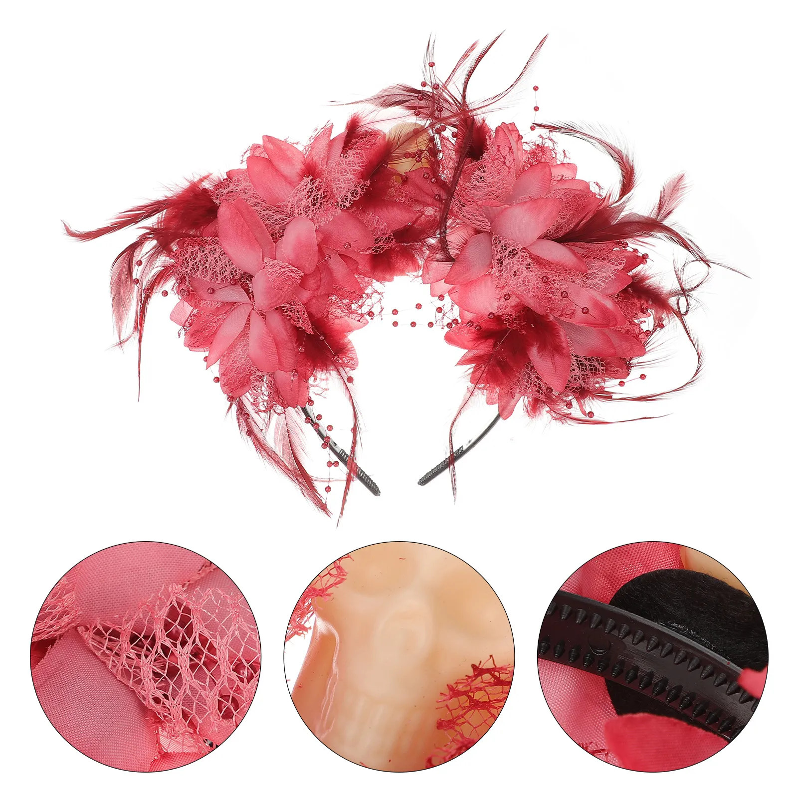Skull Headband Flower Design Halloween Photos Decorative Headdress Simulation Hairband Women Red Color Random Fits Most