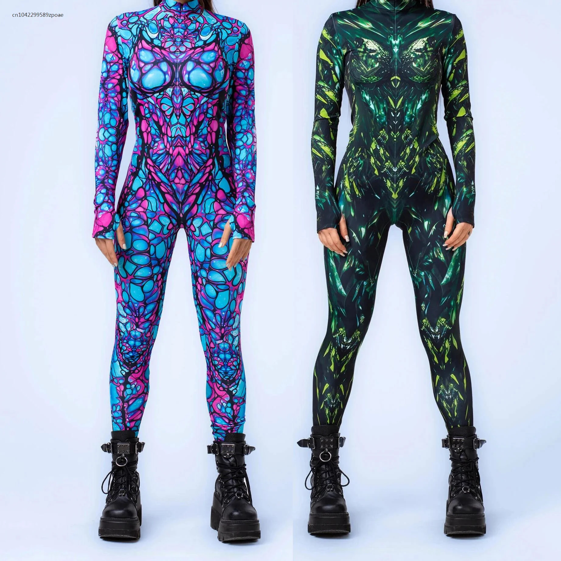 Gothic Cyber Cosplay Punk Jumpsuit Zentai บอดี้สูทเครื่องแต่งกายฮาโลวีนพรรคชุดพิมพ์สีสัน