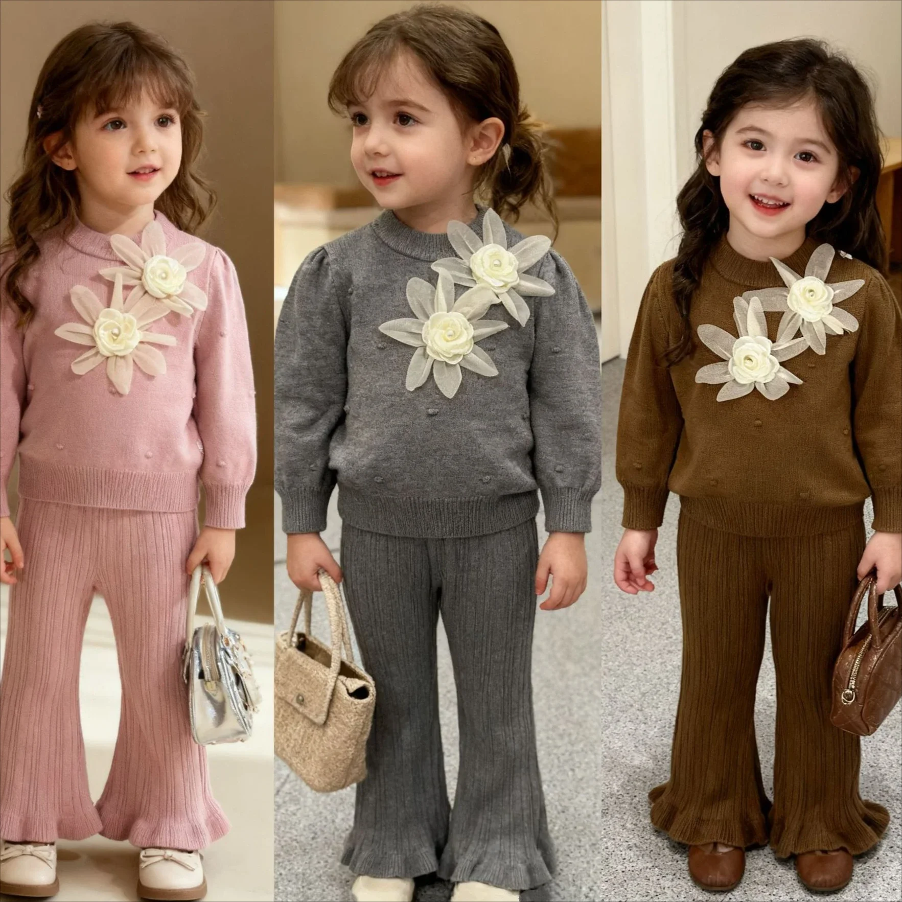 Girls Set 2026 Spring And Autumn New Childrens Wear Girls Baby Three-dimensional Big Flower Solid Color Knit Set Head Two Pieces