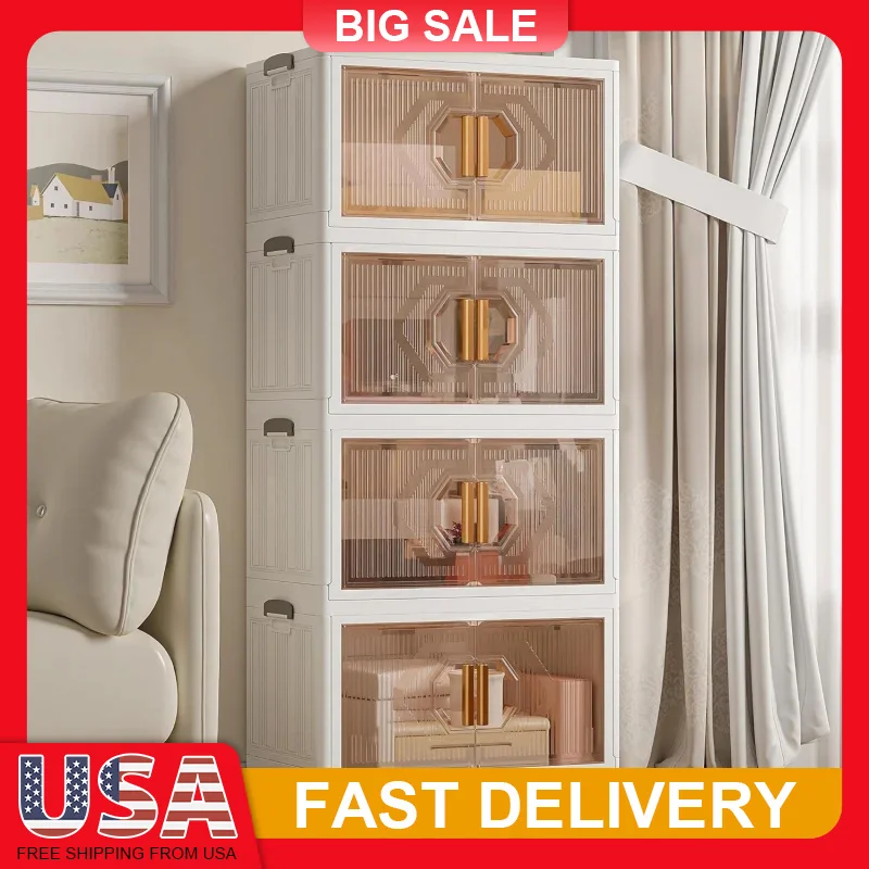 

4-Tier Foldable Storage Box with Wheels, Stackable Collapsible Storage Box Portable Organizer Versatile Closet for Home/Office