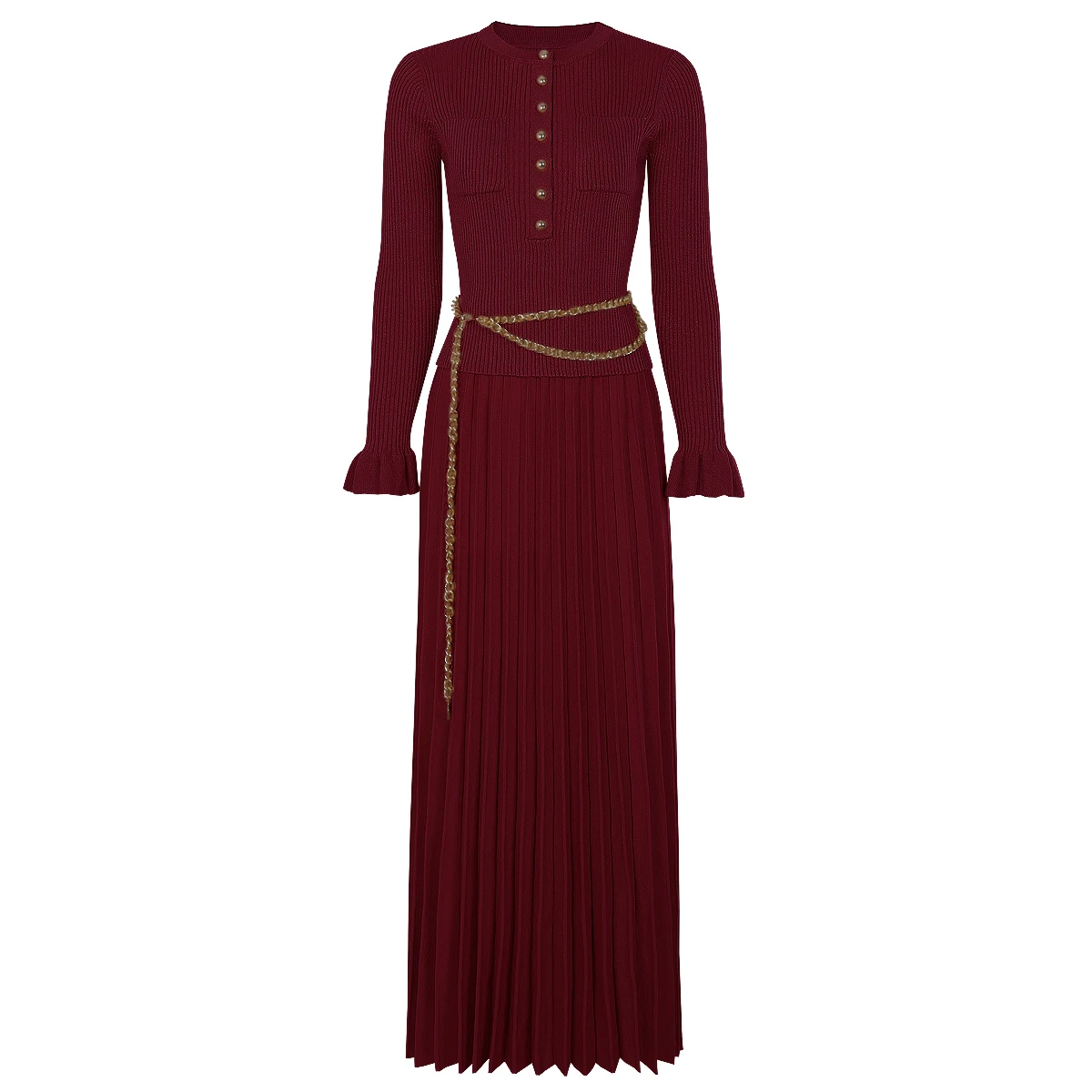 2026 Women's Knitted Pullover and Pleated Skirt Set High-quality Slim Fit Long Sleeved Top with Chain Belt Spring Autumn Fashion view 2