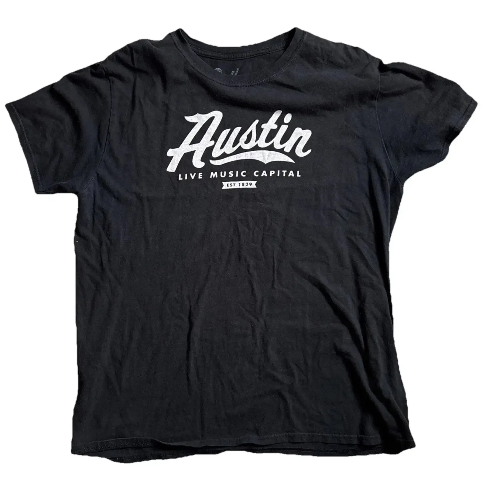 Austin Live Music Capital Est 1839 Black T Shirt Outhouse Designs Size Large vintage Washed fashion homme Slightly