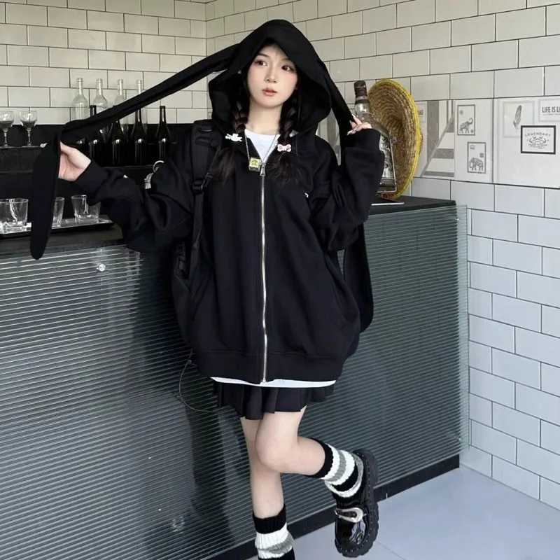Damska kurtka z kapturem w stylu koreańskim, urocza, luźna, średniej długości, na wiosnę i jesień 2025, odzież damska.