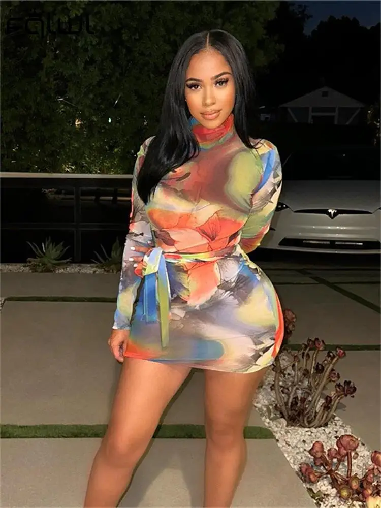 

Habbris Fall Sexy Colours Print Mini Dress Night Club For Women 2023 Long Sleeve Bandage Fashion Short Dress Bodycon Booty Dress