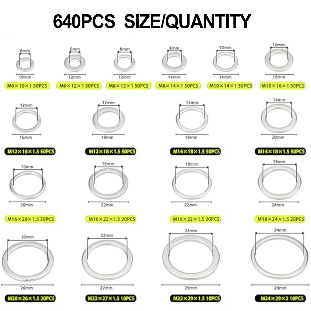 640 قطعة حلقة لإحكام الإغلاق من الألومنيوم تشكيلة متري M6 إلى تصميم مسطح مجموعة ختم استنزاف الزيت للسيارات والبحرية
