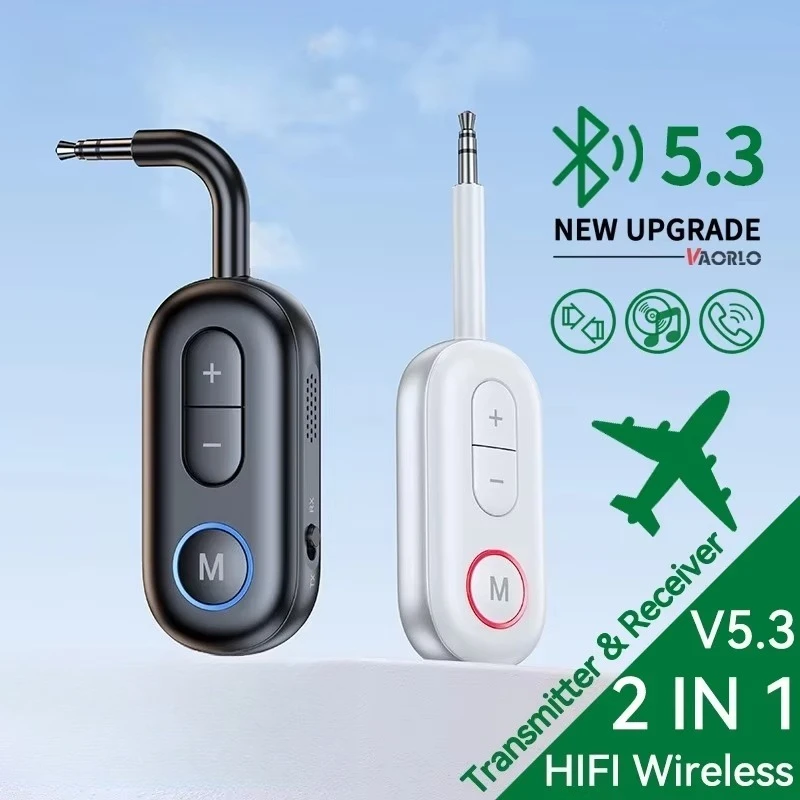 

Bluetooth 5.3 аудиопередатчик-приемник 3,5 мм AUX HiFi стерео беспроводной адаптер для музыки с микрофоном для автомобиля, самолета, телевизора, ПК, наушников