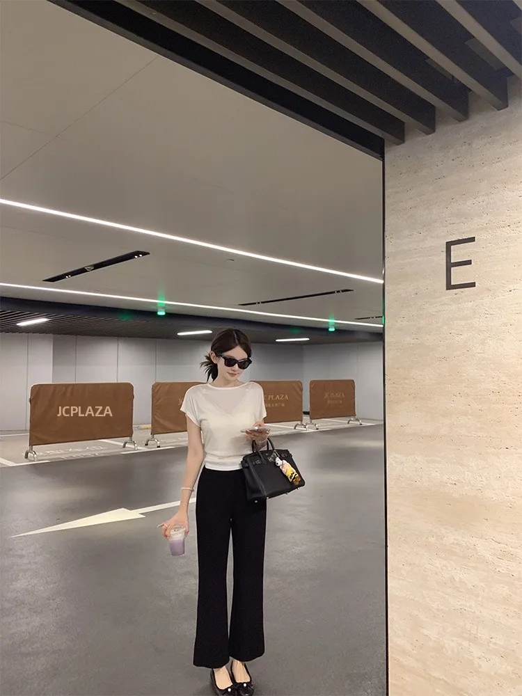 

Comfortable Elastic Black Pants High Waist Straight Leg Casual Trousers Side Slit Fashionable Commute Friendly Alluring Nylon...