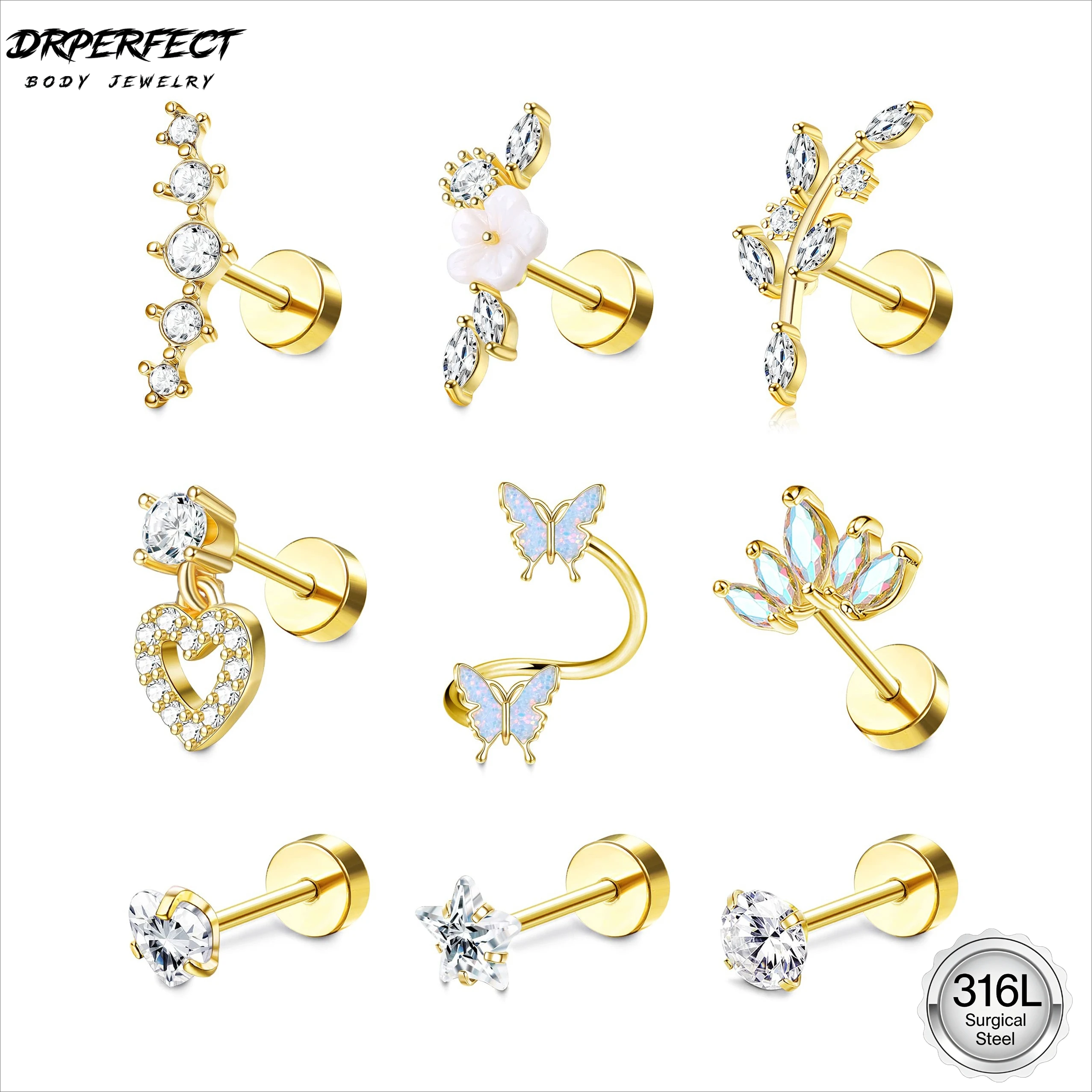 Drperfect 1/9 Stück Helix-Ohrringe aus chirurgischem Stahl für Frauen, Muschel-Tragus-Schmetterlings-Blumen-Ohrpiercing, hypoallergen, zierliches Juwel