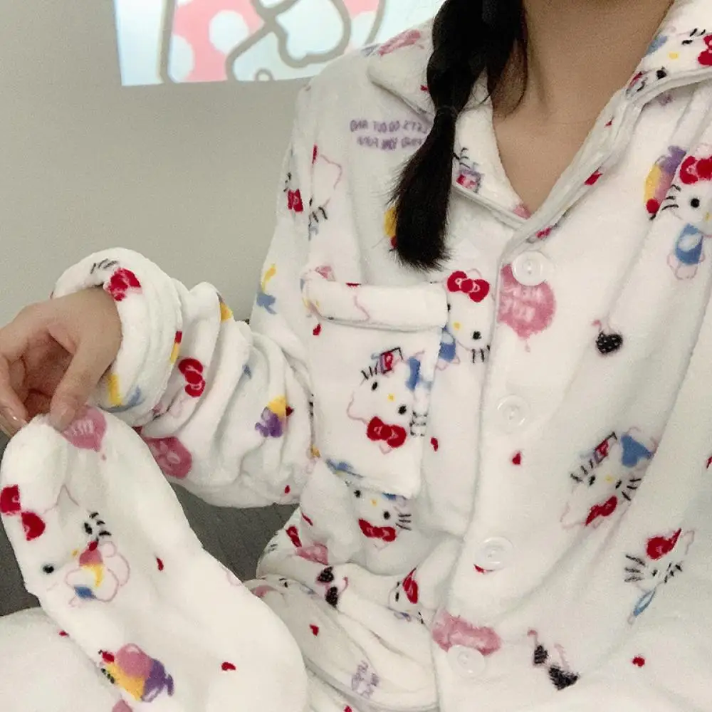 Cartoon My Melody 2Pcs Plush Pajamas Set Hello Kitty Sanrioed Women Coral Velvet Pajamas Kawaii Autumn Homewear Thicken Girls