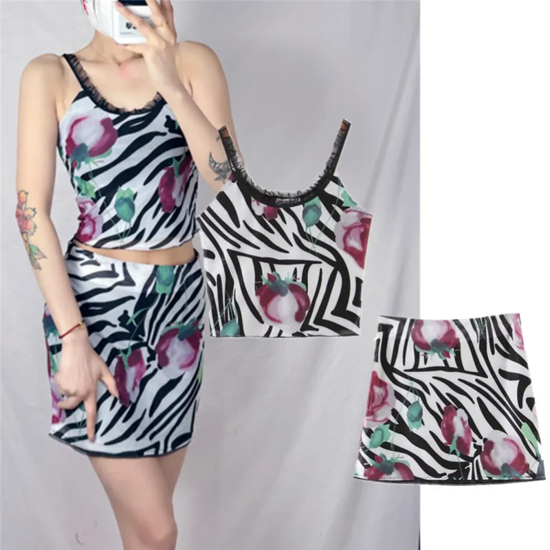 

Комплект с принтом зебры в американском стиле ретро, облегающий бальный жилет с сеткой, юбка для тела, модный летний женский ансамбль