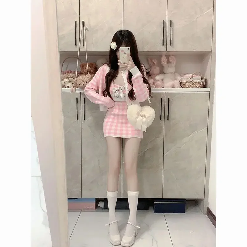 Korean Version Fashion Knit Suit Dresses Female Sweet Cute Kawaii Long-sleeved Sweater Short Jacket Mini Skirt Three-piece Set