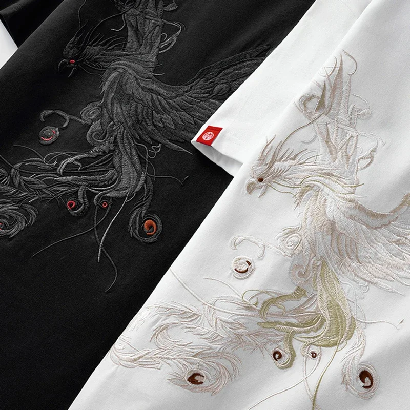 Lyprerazy summer short sleeve men T-shirt tops Chinese style phoenix embroidery original cotton tee shirt