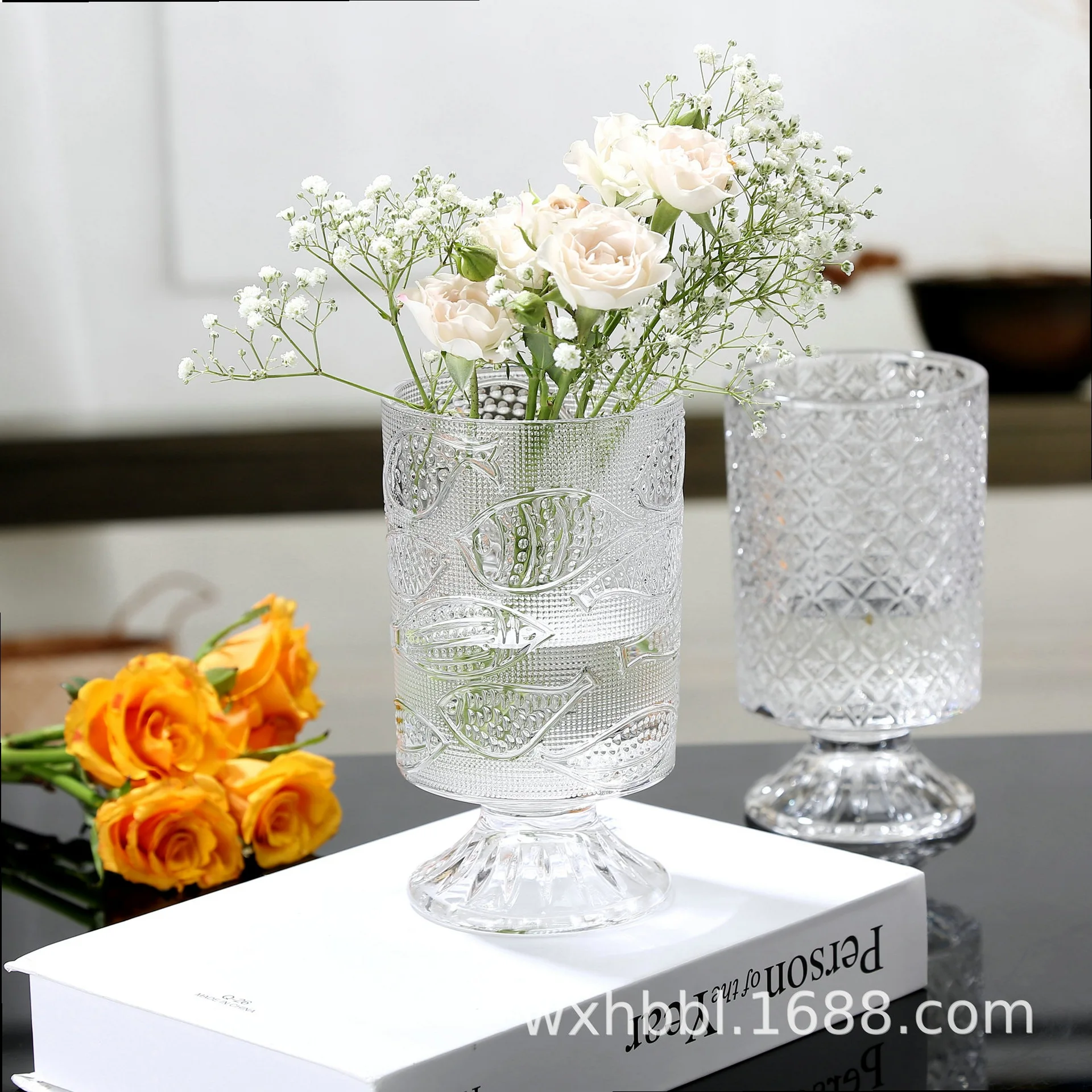 Vintage European Relief Clear Glass Vase Tall Desktop Decoration Wholesale