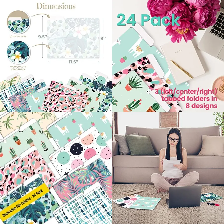 Mejores productos de oficina Carpetas de archivos decorativas Paquete de 24 8 diseños Tamaño de letra pesada 9,5 x 11,5 1/3 Pestaña cortada Lindo Diversión Moderna