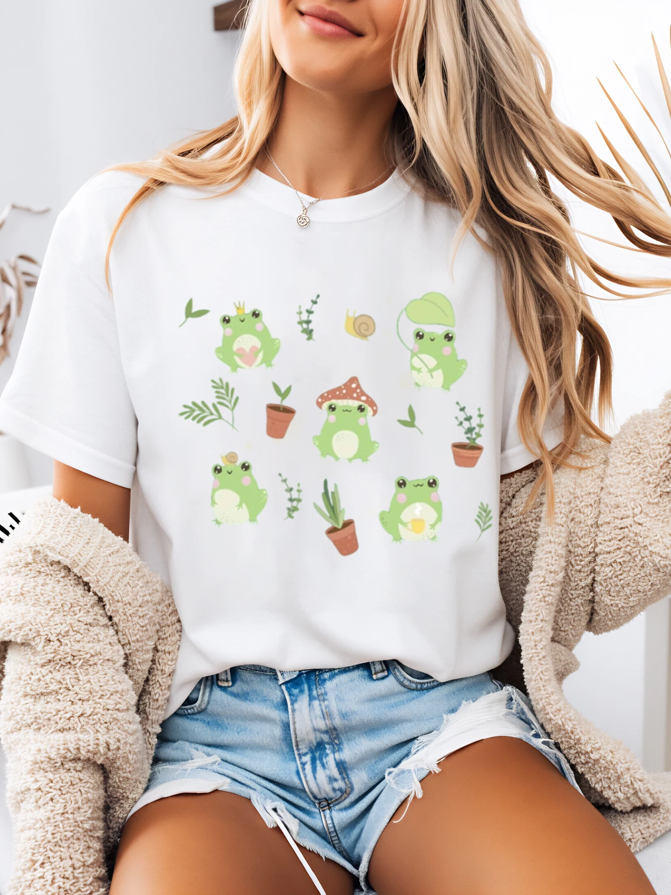 

Frog and Plants Print t Shirt Spring Summer Women Casual Outfit White Plus-Size