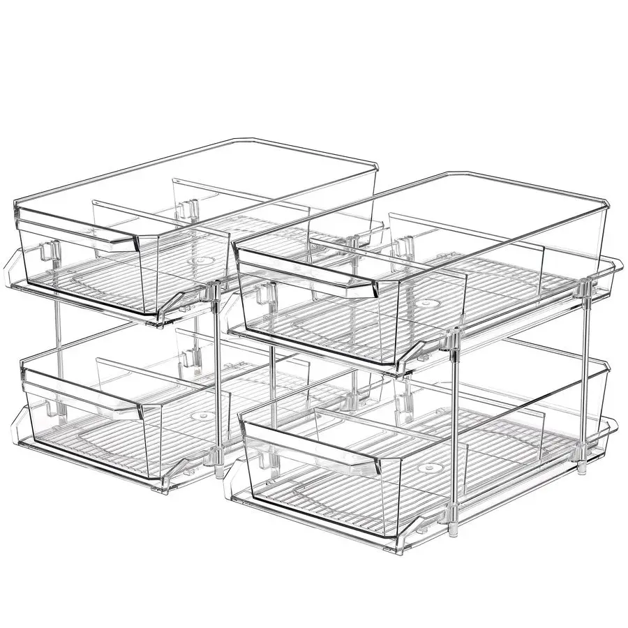 

Set, 2 Tier Clear Organizer with Dividers for Cabinet, Shlef, Counter MultiUse SlideOut Storage Container Kitchen, Pantry, Medic