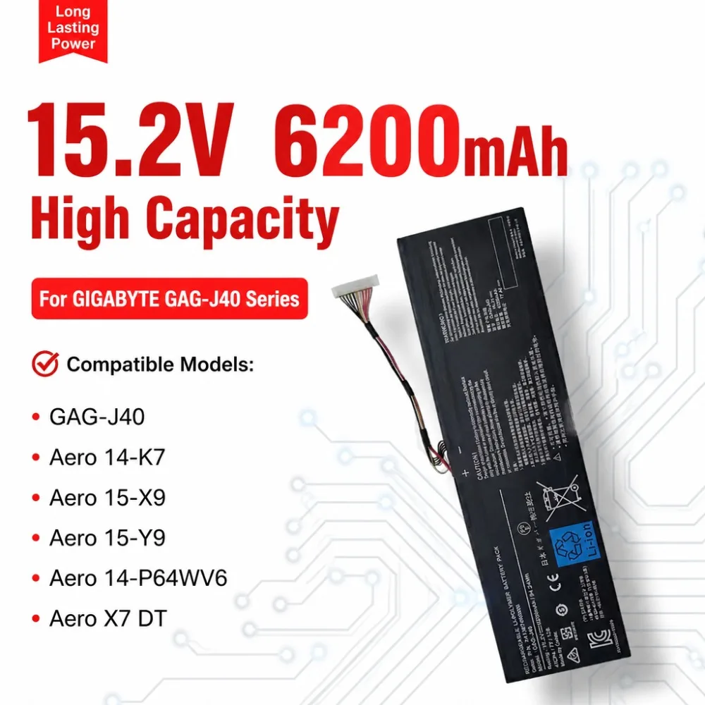 15.2V 6200mAh For Gigabyte GAG-J40 Aero 14-K7/15-X9/15-Y9/14-P64WV6/X7 DT Laptop Battery, High Capacity Long Life Replacement