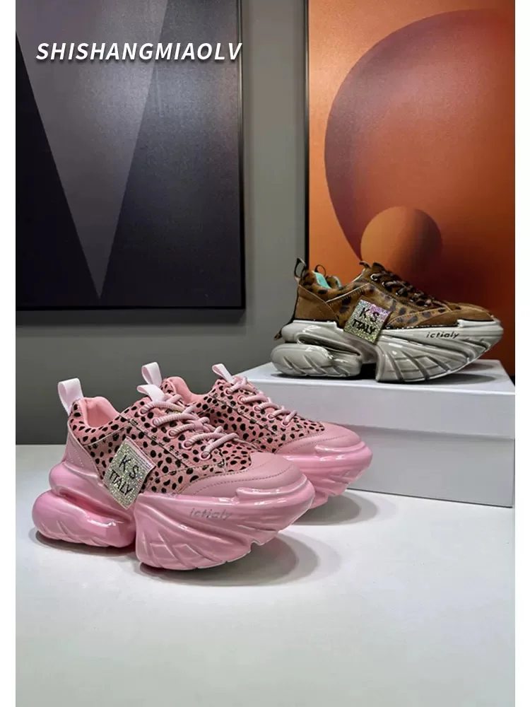 Women Leopard High Heels Platform Shoes Fashion Luxury Designer Brand Chunky Sneakers Spring Yellow Unique Design Vulcanize Shoe