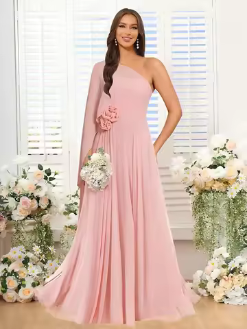 One Shoulder Bridesmaid Dresses for Women 3D Flower Chiffon Cape Sleeve Formal Evening Party Gown Dress