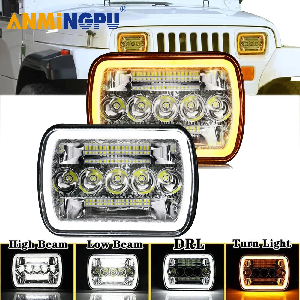 

ANMINGPU 7x6'' 5X7" LED Headlight White DRL Amber Turn Signal For Jeep YJ Cherokee XJ Trucks H4 Square Headlamp Waterproof