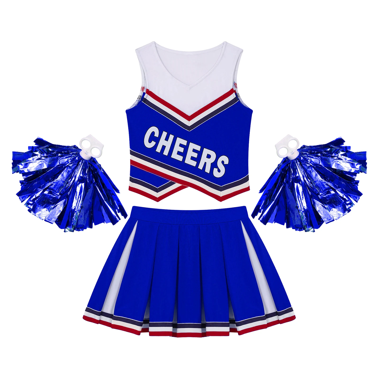 Kids Girls Cheerleading Uniform Dance Costume V Neck Printed Vest with Pleated Skirt and 1 Pair Tassel Flower Balls Outfit Set