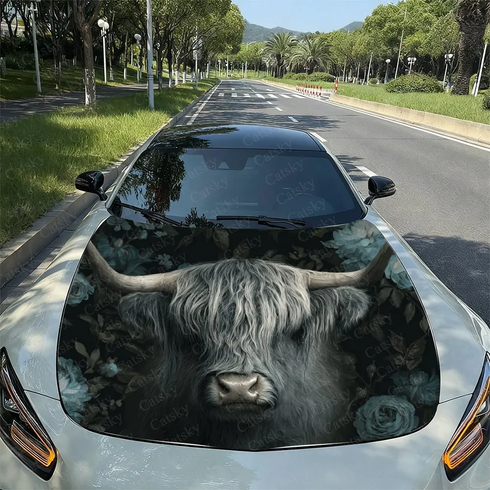ملصقات غطاء السيارة Blue Rose Highland Cattle، سهلة الإزالة ومتينة لقطع غيار السيارات، ملصقات غطاء محرك السيارة من مادة PVC، وات ذاتية اللصق #1