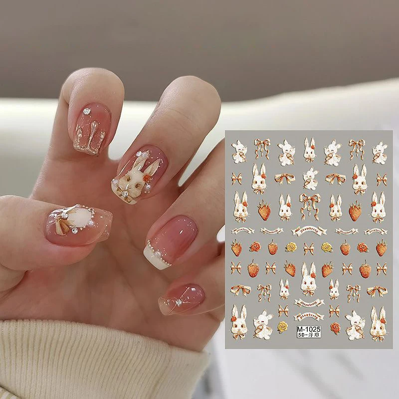 Lovely Strawberry Rabbit Nail Art Sticker Cartoon 3D Embossed Self Adhesive Nail Art Decoration Stickers 3D Manicure Decal Salon