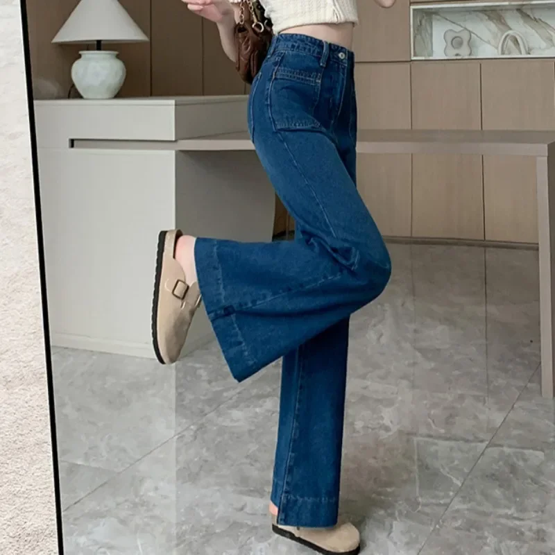 

Синие широкие джинсы для женщин в корейском стиле, шикарные однотонные джинсы с высокой талией, весна-осень, новая мода, повседневная элегантная студенческая одежда для молодых девушек