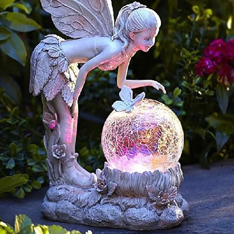 New Fairy Tale Flower Fairy Ornaments Garden Crystal Ball Girl Statue Solar Lights Decoration Resin Crafts Desk Decoration