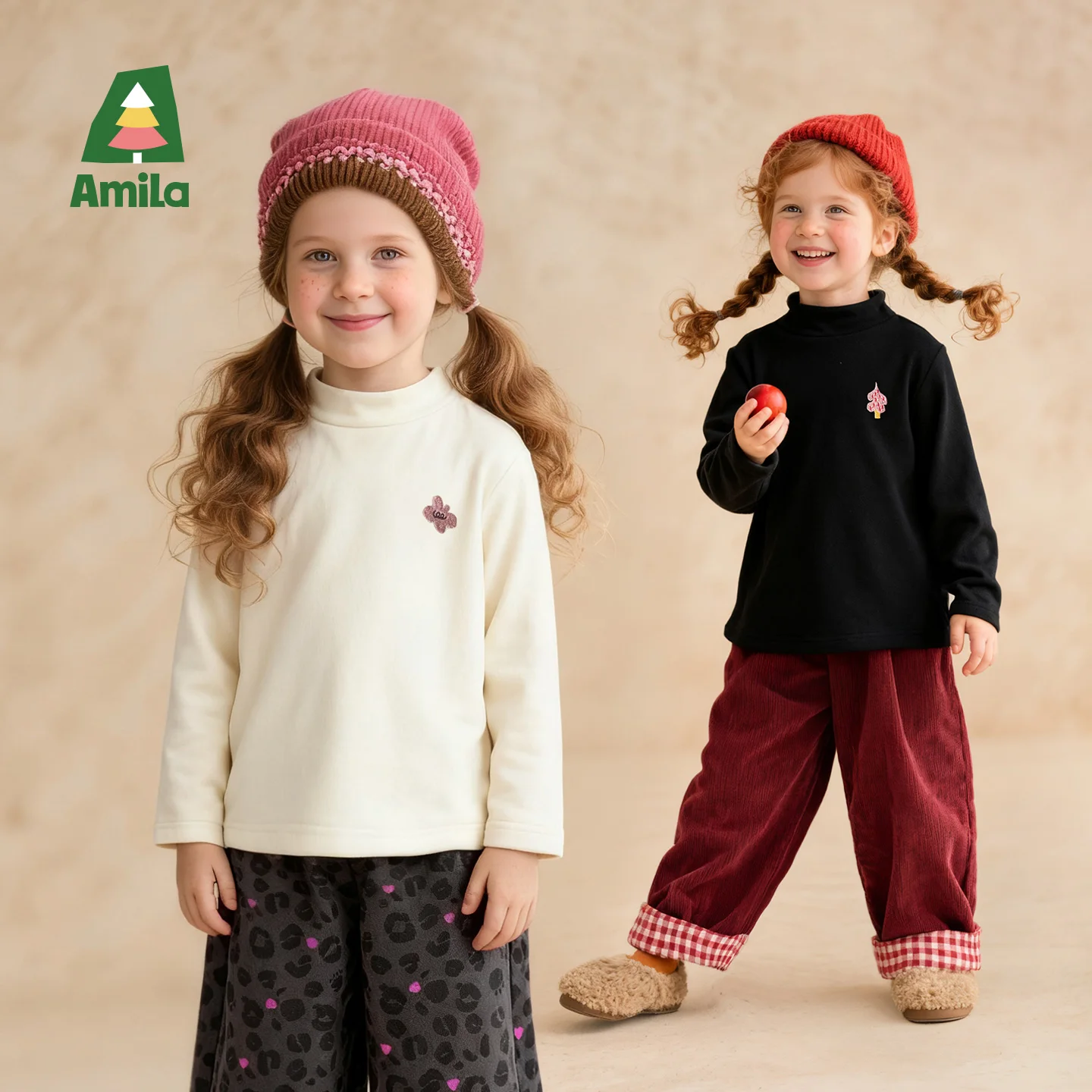 

Amila Kids 2025 Winter Half High Neck Girls' Bottom Shirt Soft Skin Friendly Solid Color Striped Exquisite Small Embroidery