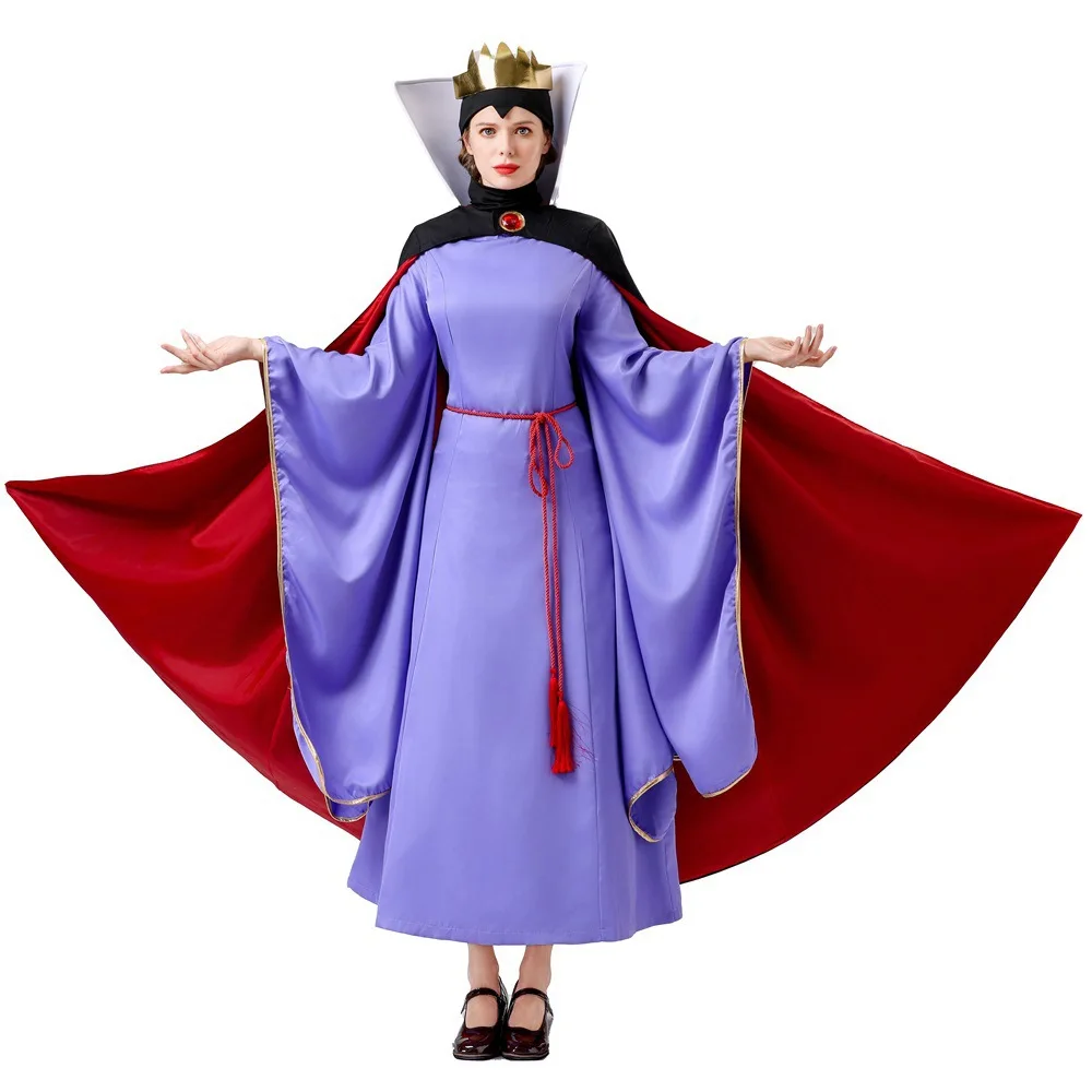 

New Halloween Costume Cosplay Snow White Evil Queen Purple Dress Cloak Crown Set Villain Theme Party Role Playing Adult Women