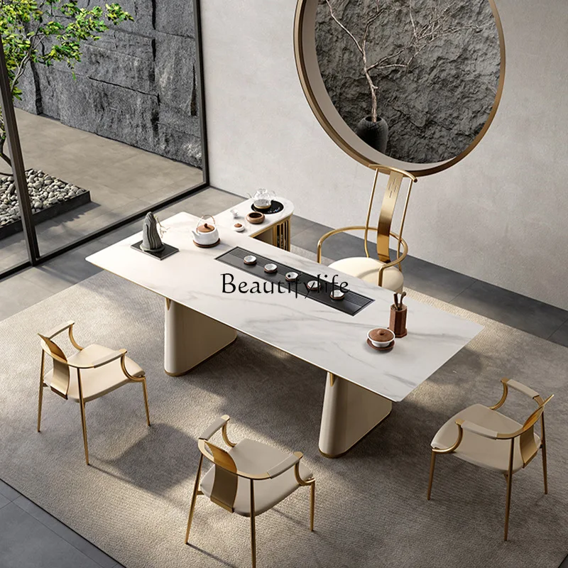 Modern light luxury high-end rock slab tea table office large slab balcony automatic boiling water tray integrated