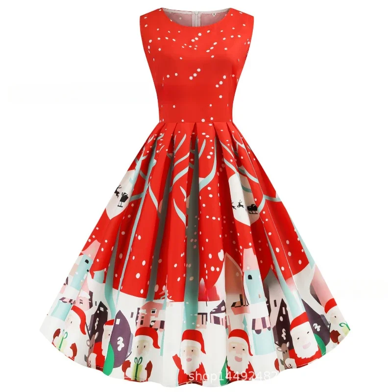 2024 New Vintage Snowflakes Print Christmas Dress Women's Winter Big Swing Elegant Short Sleeve V Neck Sexy Year Party Sundress