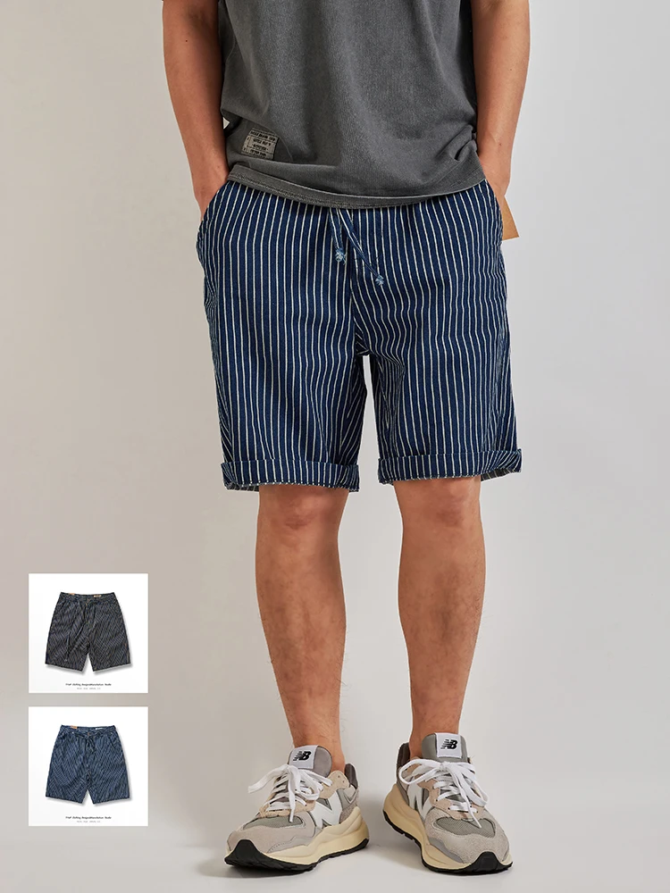 Retro Pinstripe Washed Denim Shorts for Men Blue Casual Loose Straight Half Pants for Youth Male 100% Cotton Harajuku Vintage