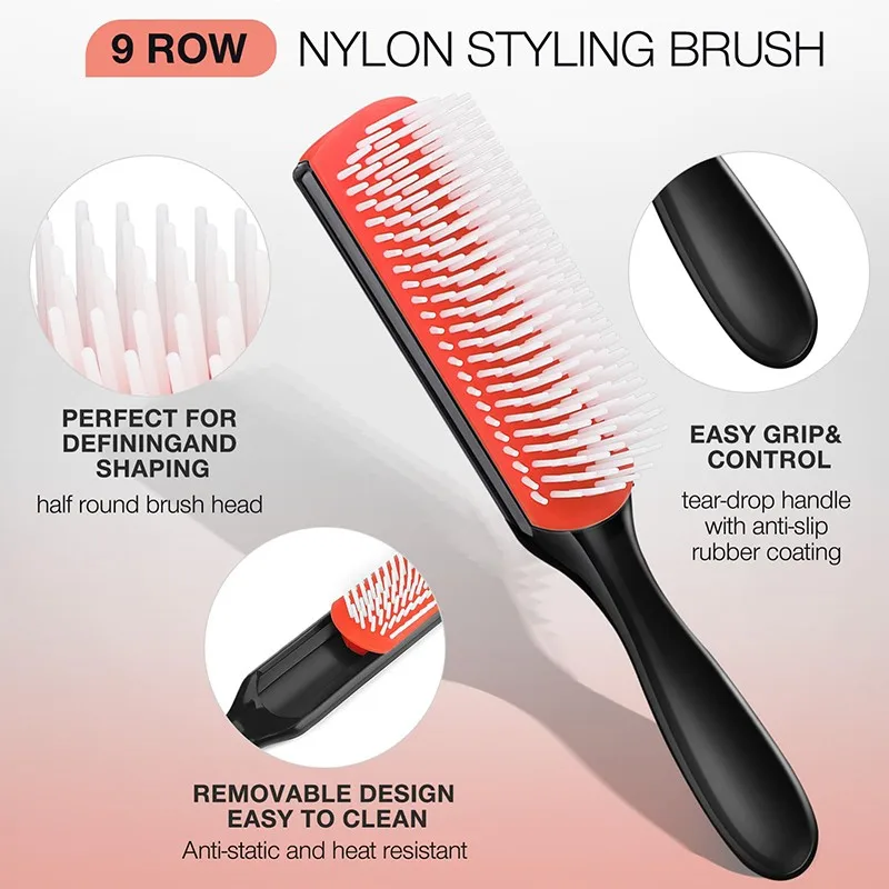 9-Rows Cushion Nylon Bristle Hair Brush Classic Detangling Wet Dry Curly Hair Defining Separating Shaping Styling Tool