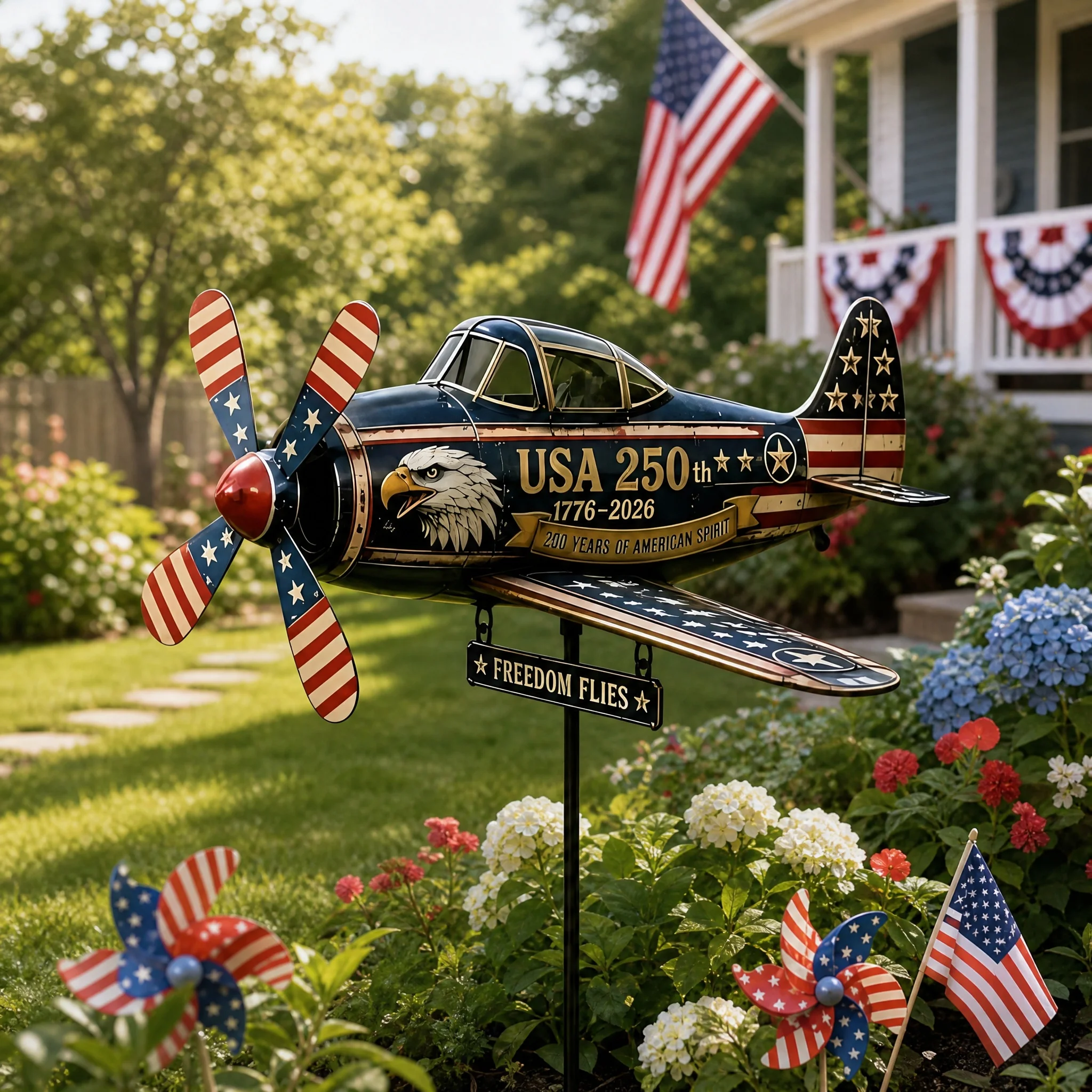 Metal Airplane Wind Spinner 3D Patriotic Windmill Garden Stake Decor Home Outdoor Airplane Sculptures Ornament Decorative Gifts