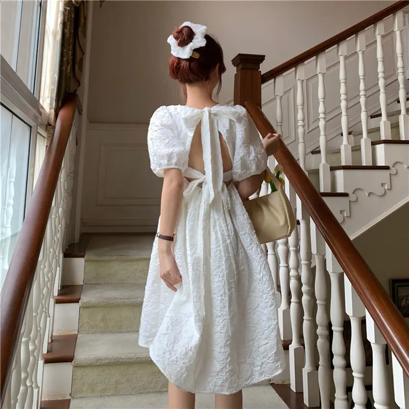 2022 New Sweet Puff Sleeve White Dress Women Korean Loose Square Neck Bow Dresses Female Summer