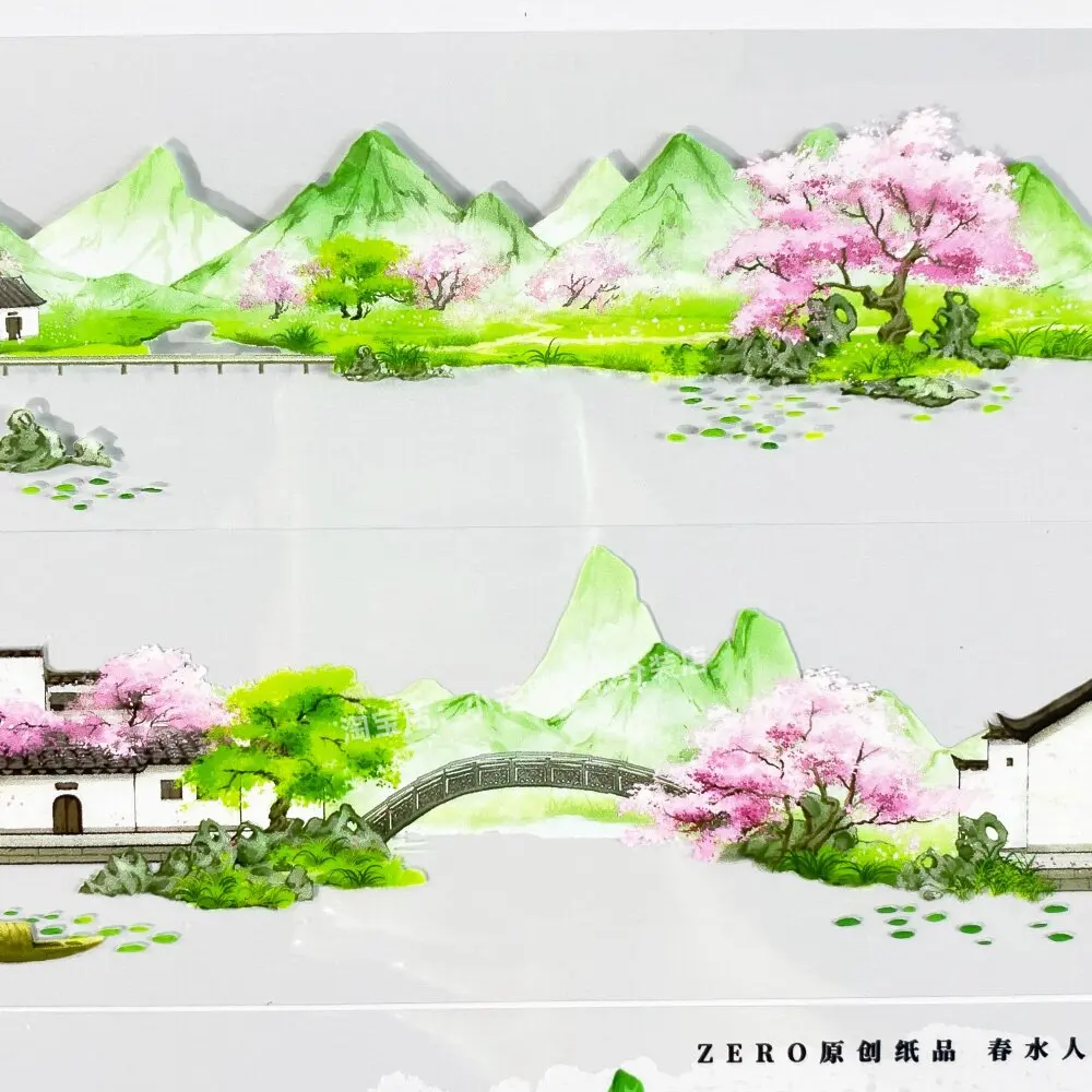 Washi Pet Tape Zero Spring Water Family Ancient Building Willow Ancient Style Journal Collage Planner Sticker
