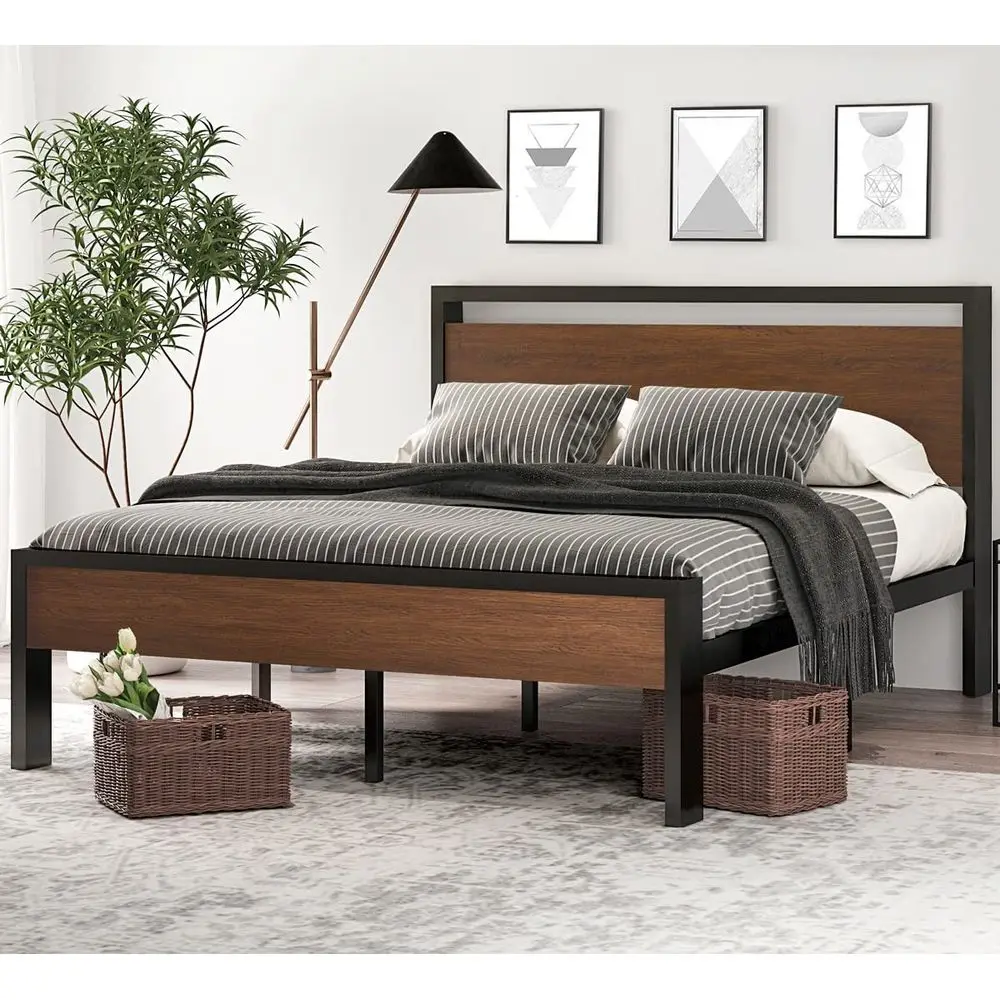 

CERLIN 14 Inch Queen Size Metal Platform Bed Frame with Wooden Headboard and Footboard, Mattress Foundation, No Box Spring Need