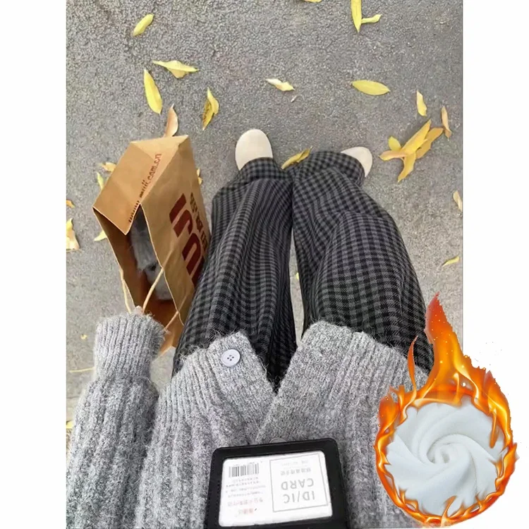 ay Retro Thiened Fce High Waist Plaid Wide Leg Pants Women's Autumn Winter New Sle Loose Fit High Waist Small Size