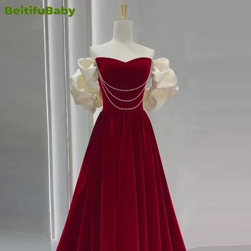 BeitifuBaby Wedding Party Dresses for Women Elegant Velvet Off The Shoulder Beading Banquet Gown Women\'s Evening Dress Vestidos