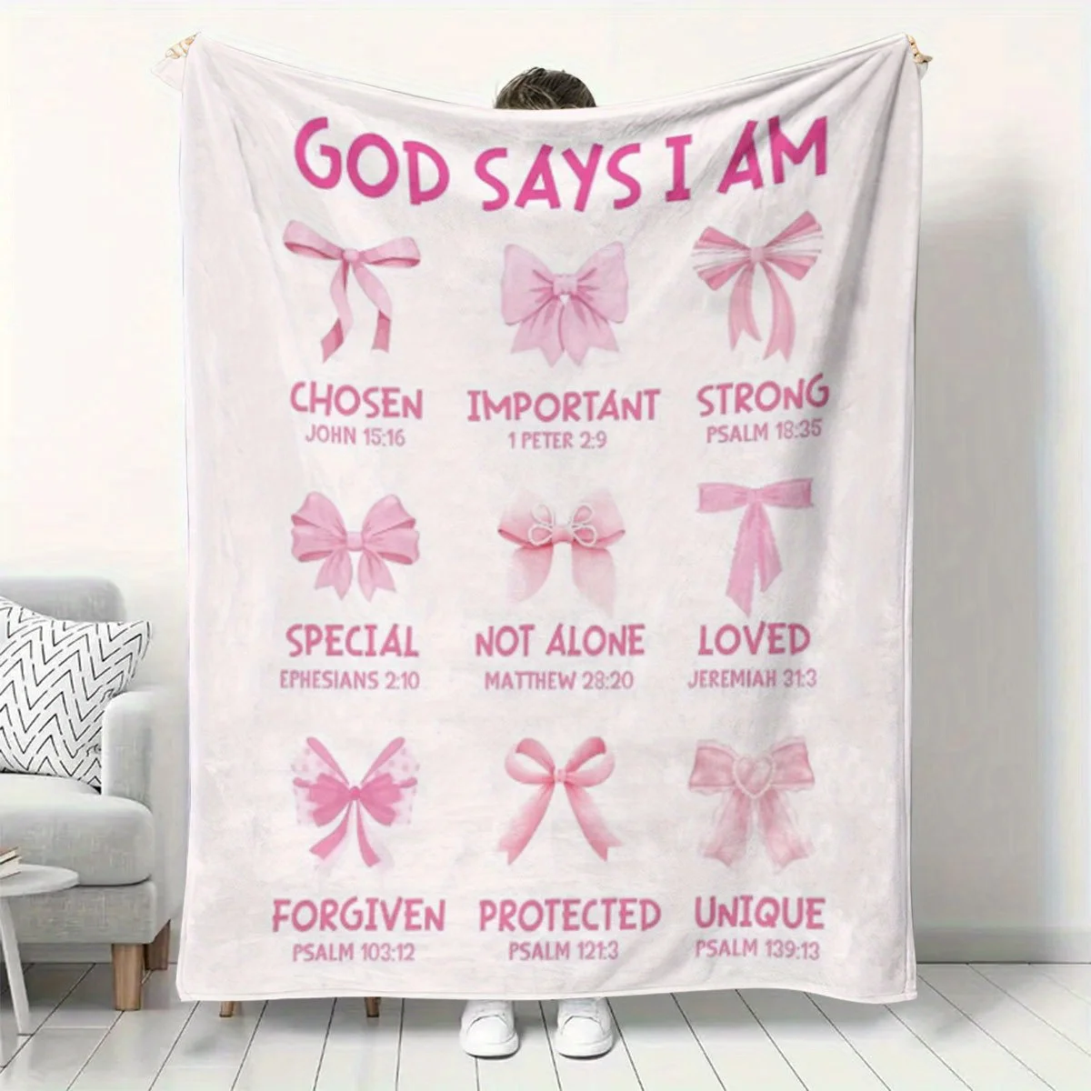 Soft And Cozy White Flannel Throw Blanket with a Pink Bow, Featuring an Inspirational Bible Verse, Perfect As a Gift for Women o