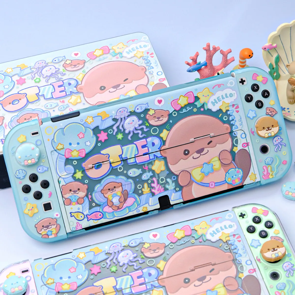 Otter Ocean Party Protective Case for Nintendo Switch / Switch OLED - Marine Themed Detachable Shell with Sea Life Patterns