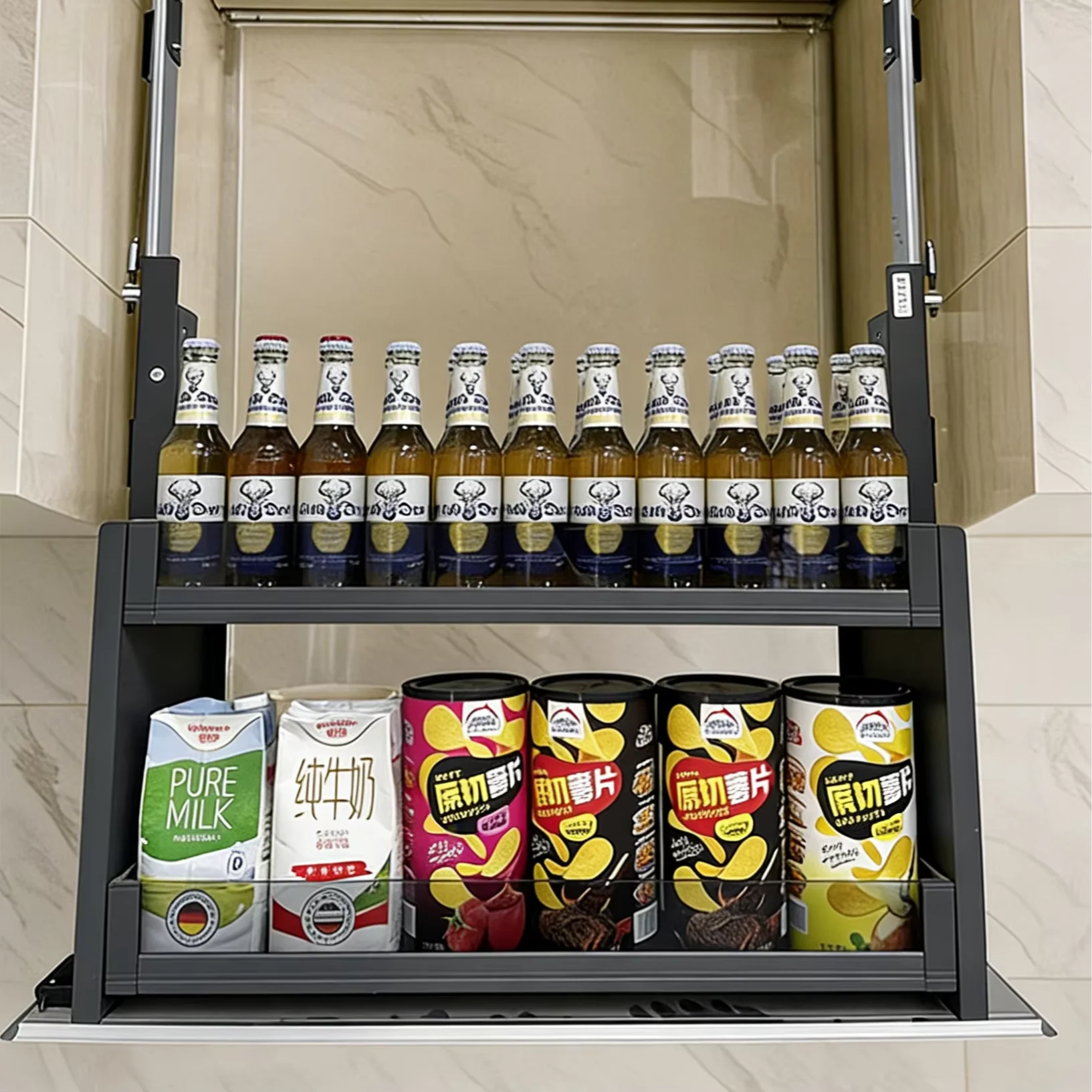 

Motorized Kitchen Cabinet Organizer Electric Lift up Pull Down Shelf Height Adjustable Aluminum Glass Storage Basket Smart Home