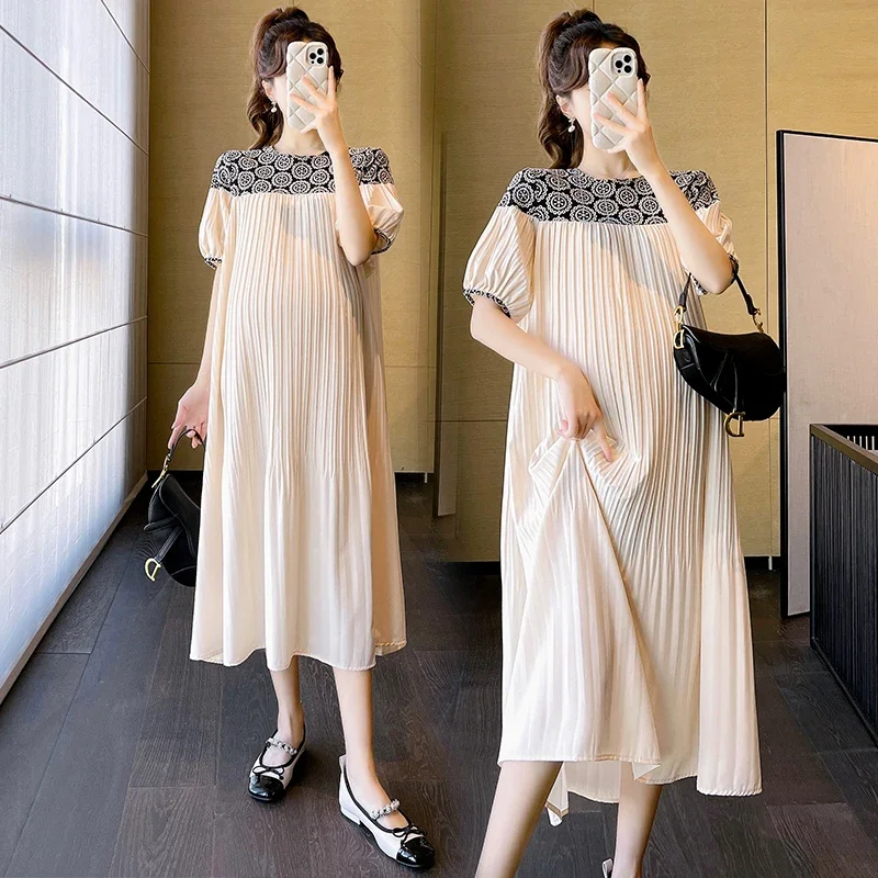 

Embroidery Patchwork Pleat Maternity Straight Long Dress 2024 Summer Korean Fashion Clothes for Pregnant Women Casual Pregnancy