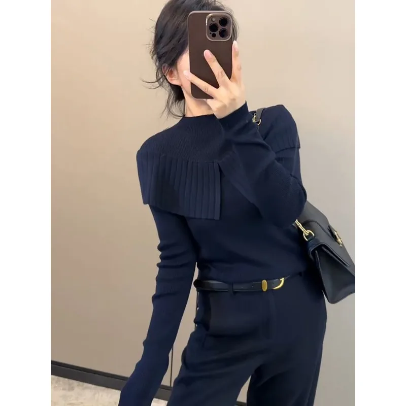 سترة صوفية أنيقة بنصف الياقة المدورة للنساء، سترة داخلية رفيعة وعصرية ومتعددة الاستخدامات #4