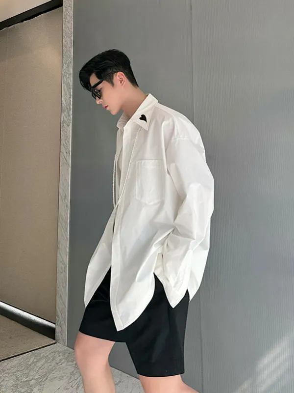 

Стильная мужская рубашка с длинным рукавом и вышивкой, свободного кроя, в корейском стиле, широкая посадка, модная верхняя одежда, дышащий органический хлопок, молодежная модель